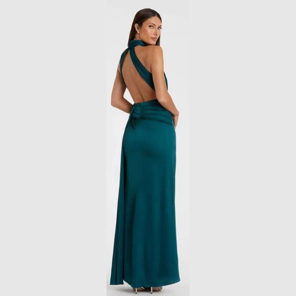 Mac Duggal 11642 Size 2 Blue Open Back High Neck Side Ruched Gown Maxi Dress - Picture 4 of 4